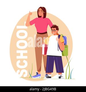 Back to school vector illustration. Preparation to Day of knowledge, school supplies buying, first grader gathering. Mom seeing her child off to school. Teachers support in preparing for school. Stock Vector