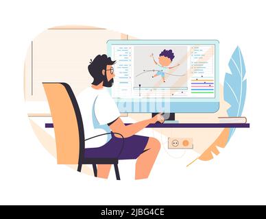 Guy animator designer in creative process vector illustration. Man motion designer sitting at workplace and working on computer. Freelancer graphic creator learn at online animation editor course. Stock Vector