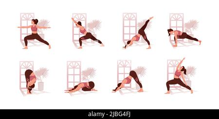 Woman practicing yoga, set of different poses. Healthy lifestyle. Women with closed eyes and crooked legs meditating. Meditation practice. Zen and harmony concept. Vector illustration in flat style. Stock Vector