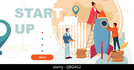 Entrepreneurship, teamwork, financial support, investment, franchising concept landing page. People are building a spaceship rocket. Enterprise system, business startup, venture vector illustration. Stock Vector