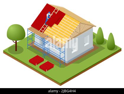 Isometric roofing construction. Concept of residential building under construction. House under construction. Roof insulation. Stock Vector