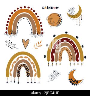 Kids rainbow vector Icons. Cute colorful rainbows set in boho style. Moon, stars, flowers, sun childish flat illustration isolated on white background. Design element for logo, sticker, postcard. Stock Vector