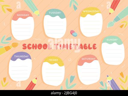 School timetable, weekly classes schedule in cartoon style. Vector school timetable sketch schedule, education supplies, tools and student study timetable. Planner template. Ready to print. Stock Vector