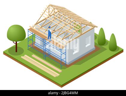 Isometric roofing construction. Concept of residential building under construction. House under construction. Roof insulation. Stock Vector