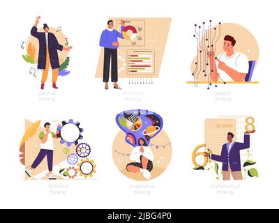 Set of people with different mental mindset types or models creative, imaginative, logical and structural thinking. Mind behaviour, MBTI person types concept. Color isolated flat vector illustration. Stock Vector