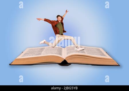 Creative 3d photo artwork graphics collage of funky guy running big open book isolated blue color background Stock Photo