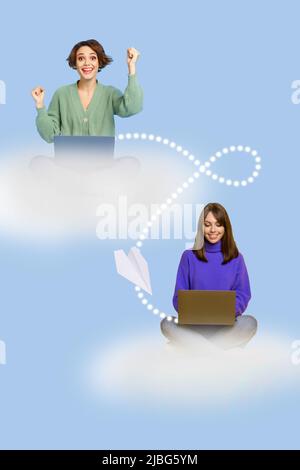 Vertical creative collage picture of two people sitting cloud paper airplane deliver wireless message netbook Stock Photo