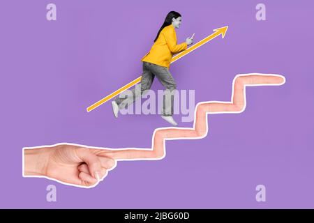 Unusual crazy image collage of expanded long finger directing career stairs leading business lady up toward new job over purple background Stock Photo