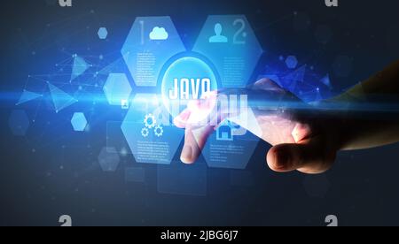 Hand touching digital button concept Stock Photo
