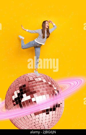 Vertical creative collage portrait of excited person stand huge disco ball planet look interested far away isolated on yellow background Stock Photo