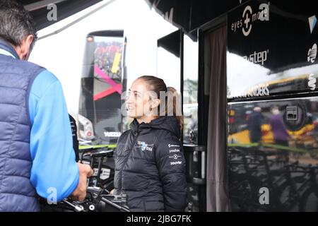 Colchester, UK. 06th Jun 2022. Stage One of the Women's Tour gets underway from the Sports Park at Northern Gateway in Colchester, finishing later today in Bury St. Edmunds. Leah Kirchmann of Team DSM being interviewed before the race. Credit: Eastern Views/Alamy Live News Stock Photo