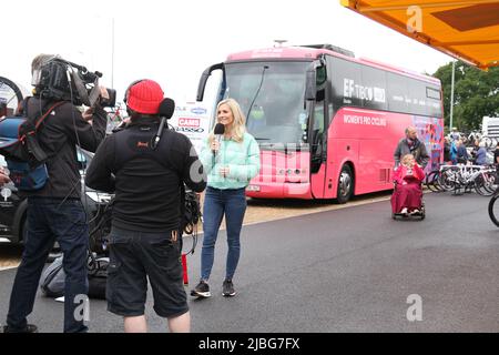 Colchester, UK. 06th Jun 2022. Stage One of the Women's Tour gets underway from the Sports Park at Northern Gateway in Colchester, finishing later today in Bury St. Edmunds. TV presenter Hannah East rehearsing for live filming before the race. Credit: Eastern Views/Alamy Live News Stock Photo