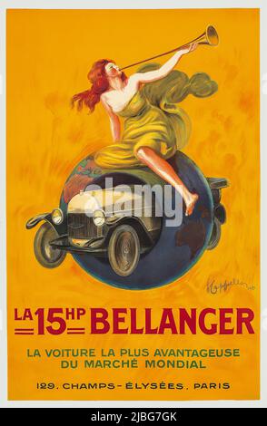A turn of the 20th century advertising poster by Leonetto Cappiello (1875-1942), for a car made by Société des Automobiles Bellanger Frère, a French automobile manufacturer between 1912 and 1925, later bought by the Peugeot company. Stock Photo