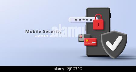 Payment security digital illustration with black 3d smartphone and credit cards with padlock encrypted. Vector illustration Stock Vector