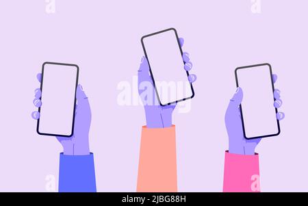 Flat vector hands with phones. Hands holding phones with empty screens mock up. Social media interaction. Social network communication on mobile app. Stock Vector