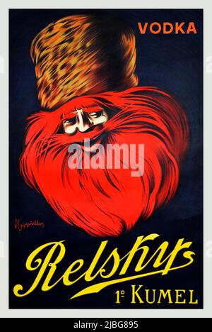 A turn of the 20th century advertising poster by Leonetto Cappiello (1875-1942), with a hirsute, fur hatted man's head promoting Relshys Vodka Stock Photo