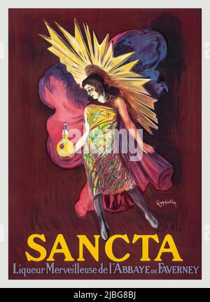 A turn of the 20th century advertising poster by Leonetto Cappiello (1875-1942), for the French Sancta Liqueur Merveilleuse de l'Abbeye de Faverney. Stock Photo