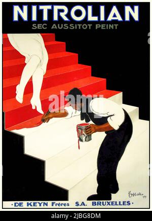 A turn of the 20th century Belgian advertising poster by Leonetto Cappiello (1875-1942), for  Nitrolian Paint, it dries so fast that the woman can immediately walk down the stairs after use. Stock Photo