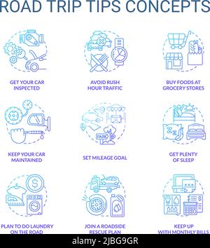 Road trip tips blue gradient concept icons set Stock Vector
