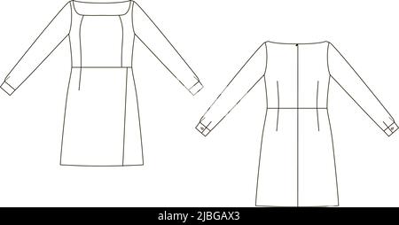 technical sketch of fitted dress with shirt sleeves Stock Vector