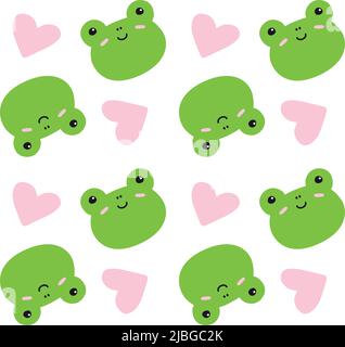 Vector seamless pattern of flat hand drawn frog face with hearts isolated on white background Stock Vector