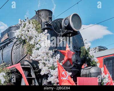 Steam locomotive of retro train, stylized as train of GPW on holiday in honor of Victory Day, Russia Stock Photo
