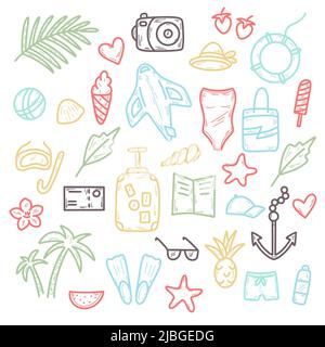 Summer travel and holidays colored doodle set vector illustration. Leisure and tourism concept collection line icons. Summer tropical vacation items Stock Vector