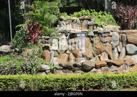 Small garden with water over the rocks on a bright day filled with greenery Stock Photo
