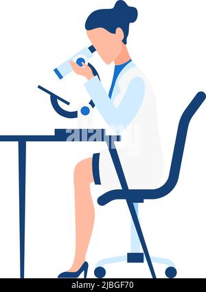 Scientists female character. Woman sits at desk, doing research with a microscope, laboratory experiment, exploration in laboratory, biology or Stock Vector