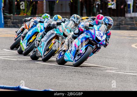 Alastair Seeley leads Michael Dunlop and Dean Harrison around Metropole at the 2022 North West 200 International Road races, Stock Photo