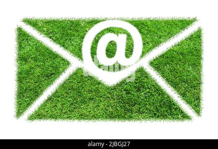 Envelope symbol made from green grass isolated on white background. Ecology concept. Email icon Stock Photo