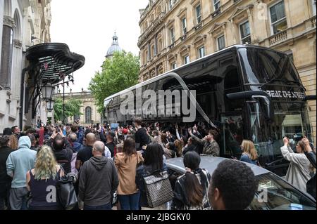 Birmingham, England, June 6th 2022. Crowds mobbed Johnny Depp and Jeff Beck as they continued to tour the UK. The celebrity who recently won his defamation trial against Amber Heard, was staying at the Grand Hotel in Birmingham city centre and is playing at Birmingham Symphony Hall on Monday evening before travelling up to York. Credit: Katie Stewart/Alamy Live News Stock Photo