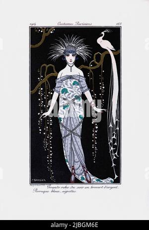 Grande robe du soir en brocart d'argent. Perruque bleue, aigrettes.  Grand evening dress in silver brocade. Blue wig, crests.   Print from the high fashion magazine Journal des Dames et des Modes, published from June 1, 1912 to August 1, 1914.  After a work by French illustrator George Barbier, 1882 - 1932. Stock Photo