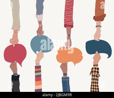 Agreement or affair between a group of colleagues or collaborators.Diversity People who exchange information.Community.Arms and hands holding bubble Stock Vector