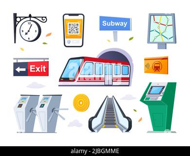 Metro and underground stations - flat design style icons set. High quality colorful images of high-speed train, transport communication card, turnstil Stock Vector