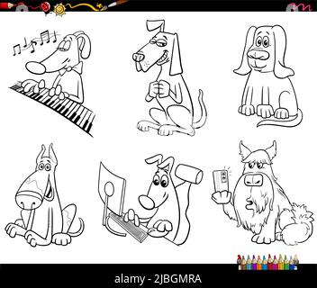 Black and white cartoon illustration of funny dogs animal characters set coloring book page Stock Vector