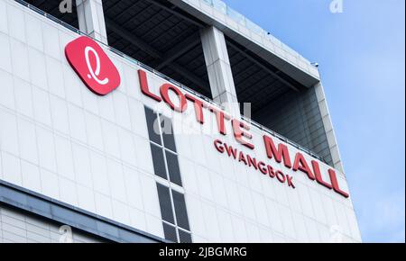 Busan, South Korea - Sep 26 2018: The logo of LOTTE MALL Gwangbok. Lotte Department Store is Korean retail company established in 1979 Stock Photo