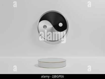 White, light gray, black and white 3D rendering product display background simple, minimal with metallic Yin and yang symbol podium or stand with gold Stock Photo