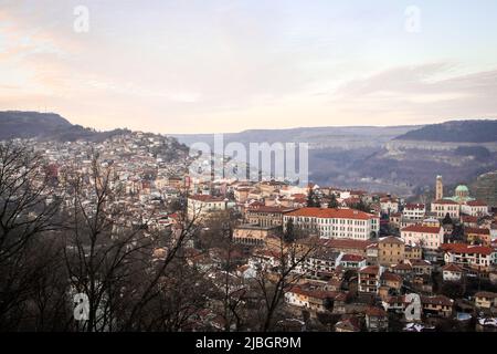 Veliko Tarnovo from hill top. A town is located on the Yantra River and is known as the historical capital of the 2nd Bulgarian Kingdom Stock Photo