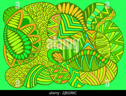 Juicy summer colorful doodle psychedelic ornamental patterns. Bright light green, green orange yellow colors. Decorative sunny abstract background. Stock Vector