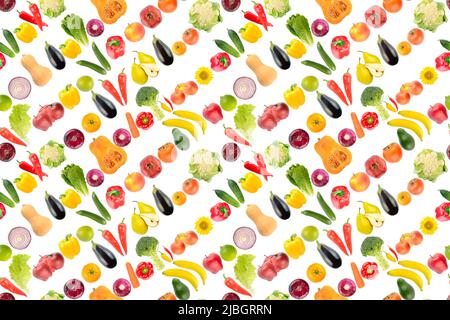 Large seamless texture of vegetables, fruits and berries isolated on white background.