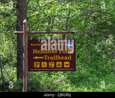 Sign for the trailhead trail to Helldiver Pond in the Moose River Plains in the Adirondack Mountains, NY USA Stock Photo