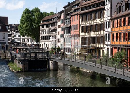 Entrance to the lock in the Ill river canal in the old town (the little france quarter) of Strasbourg, Alsace, France Stock Photo