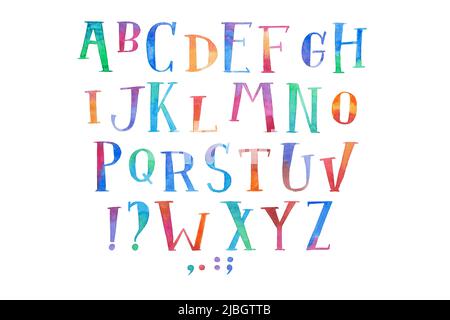 Colorful watercolor aquarelle font type handwritten hand draw abc alphabet letters. Stock Photo