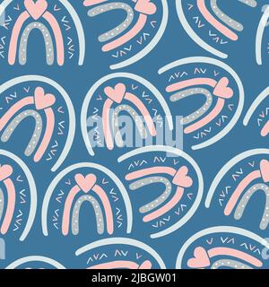 Illustration cartoon seamless patterns rainbows gray pink colors on a blue background. High quality illustration Stock Photo