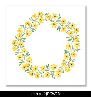 Flower wreath. Watercolor wreath with flowers of wild yellow flowers. Beautiful invitation, greeting card isolated on white. Mothers day. Stock Photo