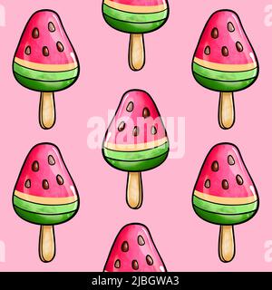 Seamless raster pattern of red green ice cream on stick with watermelon flavor on pink background. High quality illustration Stock Photo