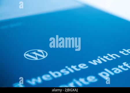 Official website of WordPress, content management system (CMS) based on PHP and MySQL, on iPhone. WordPress is used by more than 60 million website Stock Photo