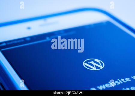 Official website of WordPress, content management system (CMS) based on PHP and MySQL, on iPhone. WordPress is used by more than 60 million website Stock Photo