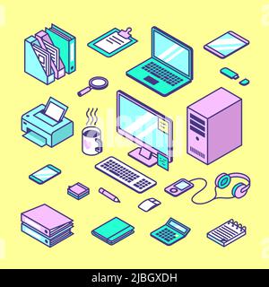 Isometric office workspace. Manager objects, colorful trendy style stationery. Computer, laptop, print and tablets. Online study or home business tidy Stock Vector